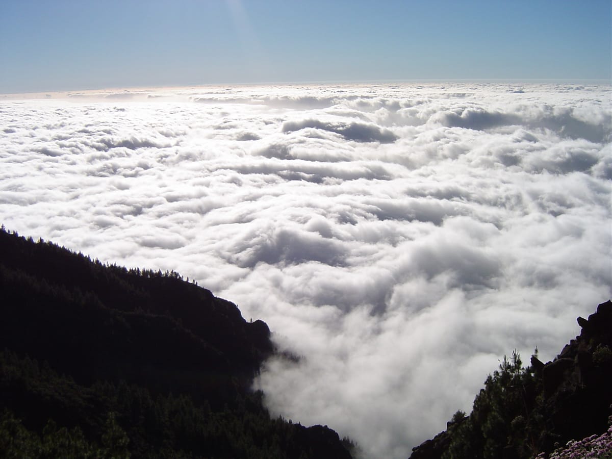 Mar de nuvens sobre uma encosta de Tenerife, com o topo da montanha acima da camada branca