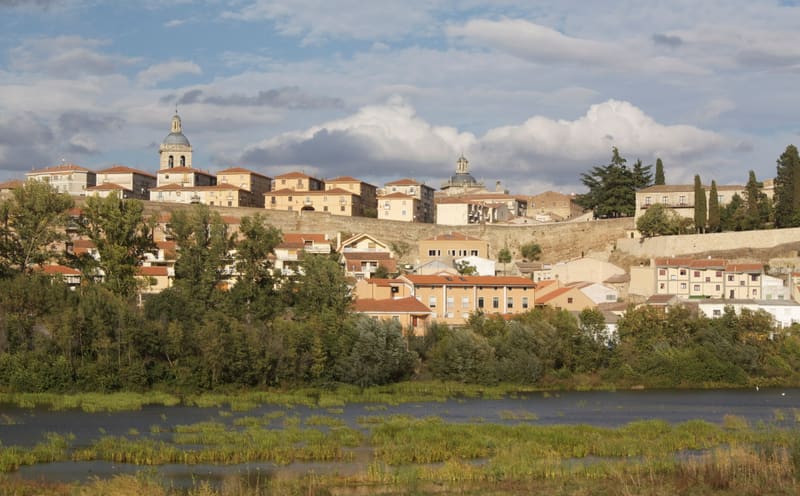 Ciudad Rodrigo vista de longe, com a muralha, as casas e duas torres acima das árvores e o rio em primeiro plano