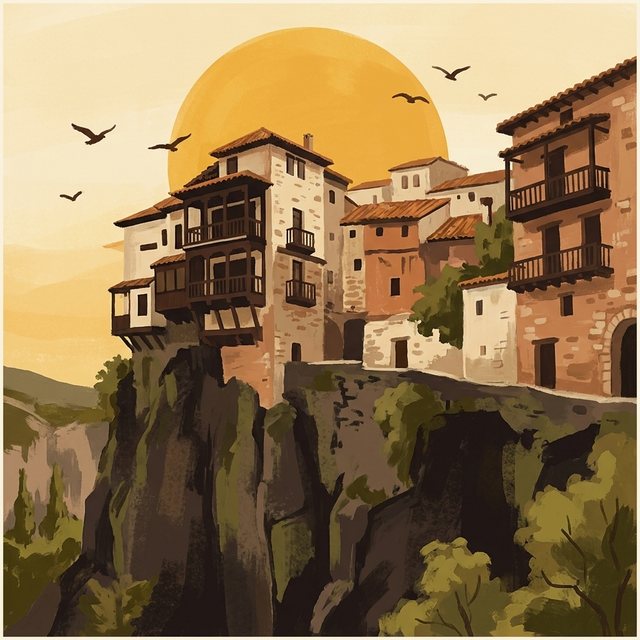 Ilustração: casas de pedra com varandas de madeira à beira de um desfiladeiro