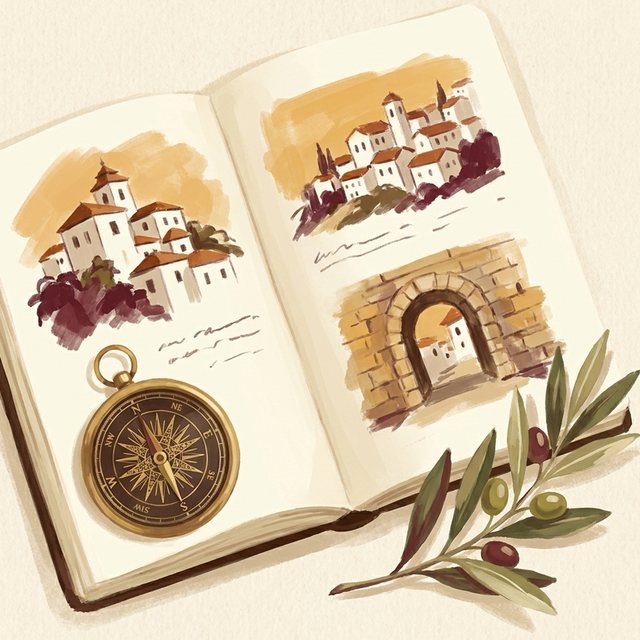 Ilustração: caderno de viagem aberto com esboços e uma bússola