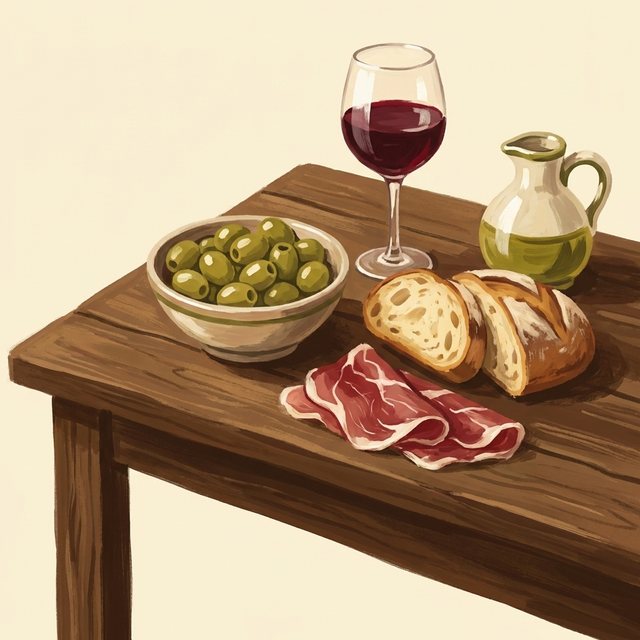 Ilustração: mesa rústica com azeitonas, pão, presunto e vinho tinto