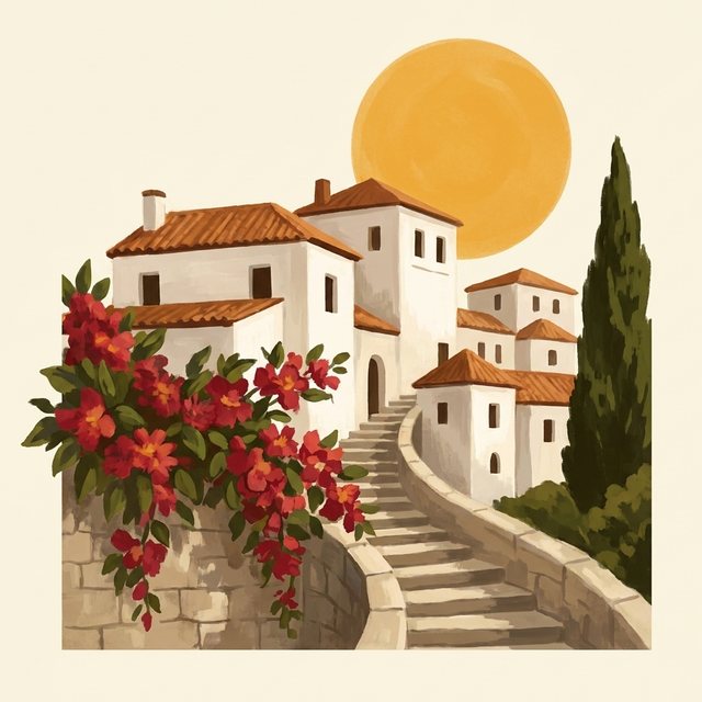 Ilustração: aldeia branca no morro com buganvílias e escadaria de pedra